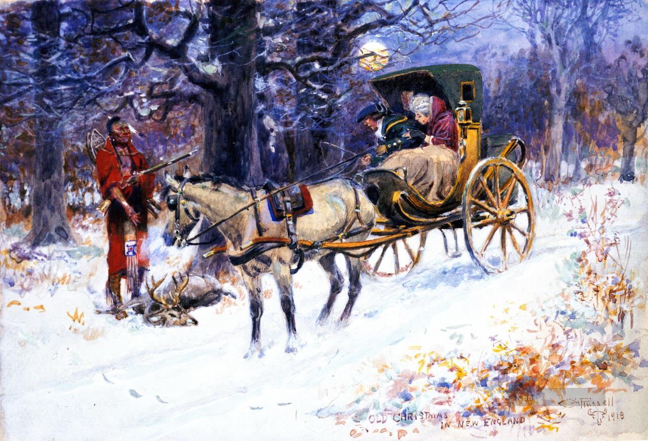 alte weihnachten in New England 1918 Charles Marion Russell Ölgemälde